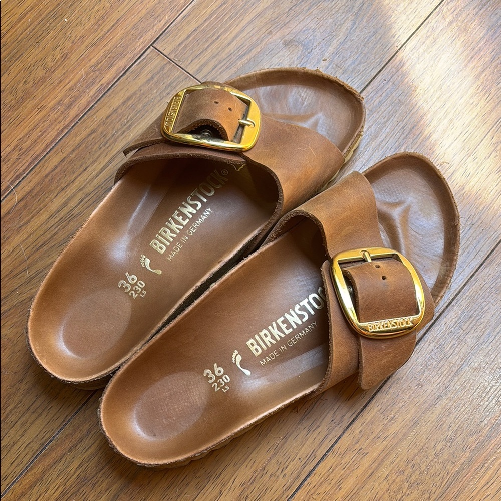 Birkenstock Tan Leather Slides with Gold Buckle